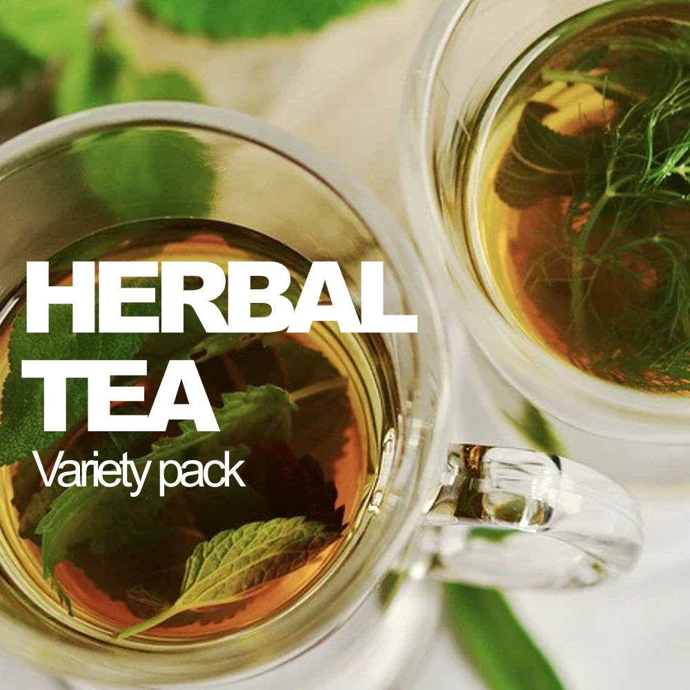 Assorted herbal tea variety pack with multiple tea bags from SeedsNow-SeedBanks, showcasing colorful packaging and tea infusions.