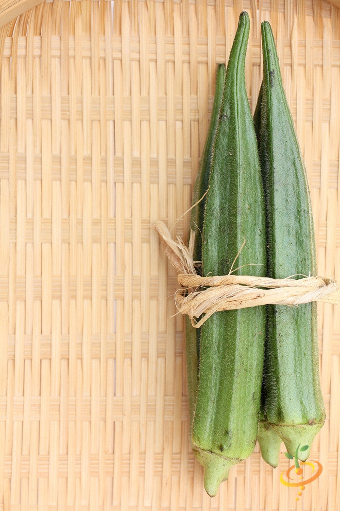 Dwarf Long Pod okra tied with twine on woven mat