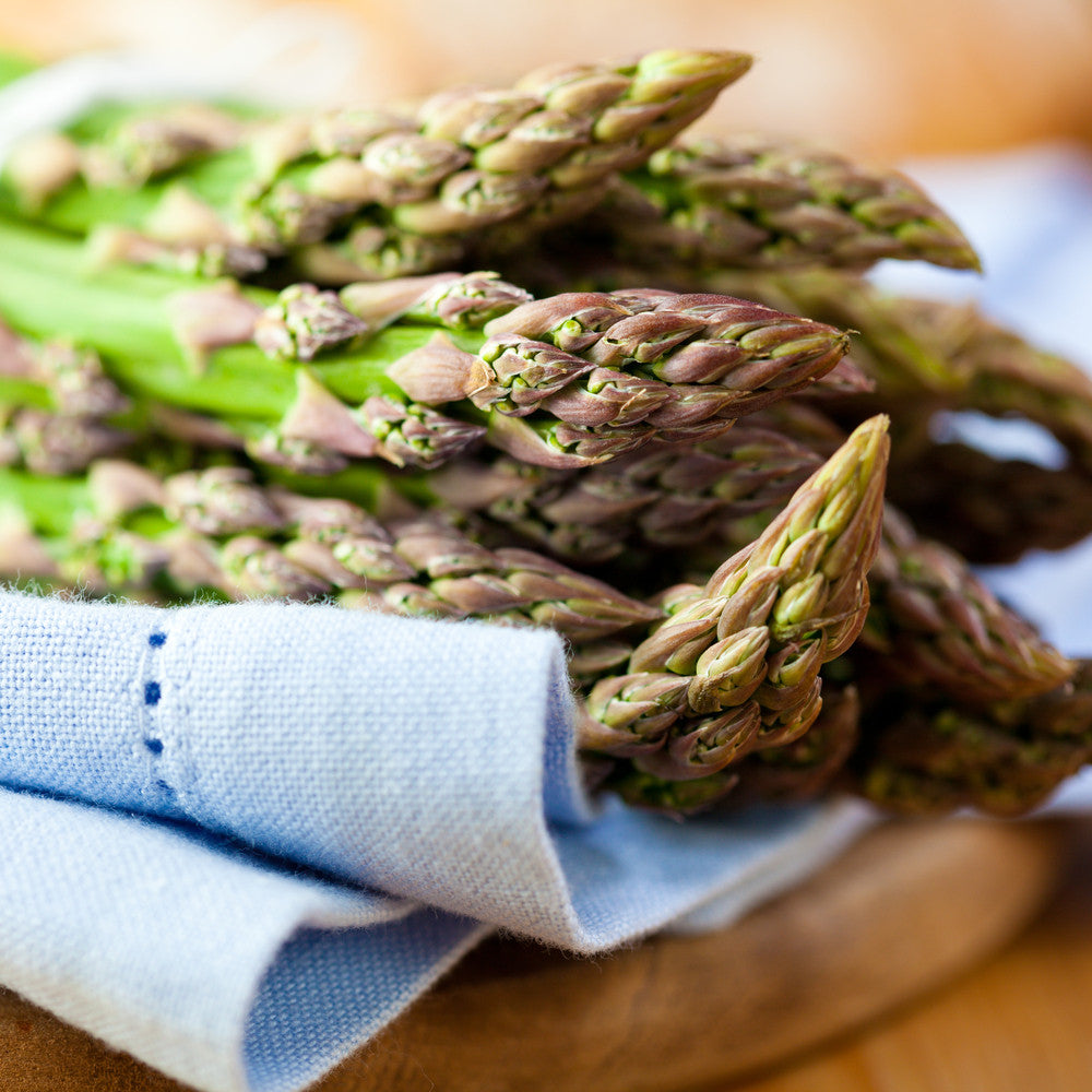 Mary Washington asparagus seeds from SeedsNow, close-up of fresh green asparagus spears with vibrant tips and stalks.