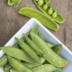Organic Sugar Ann snap pea seeds from SeedsNow, showing vibrant green pea pods and fresh pea plants for gardening.